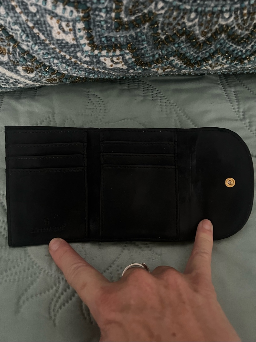 Etienne Aigner Black Leather Coin & Card Holder with Gold Accents - Picture 4 of 4
